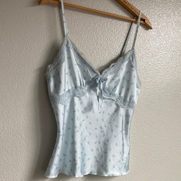 Y2K Light Blue floral Lace Trim Cami babydoll dainty tank Top coquette sz L - Picture 3 of 10
